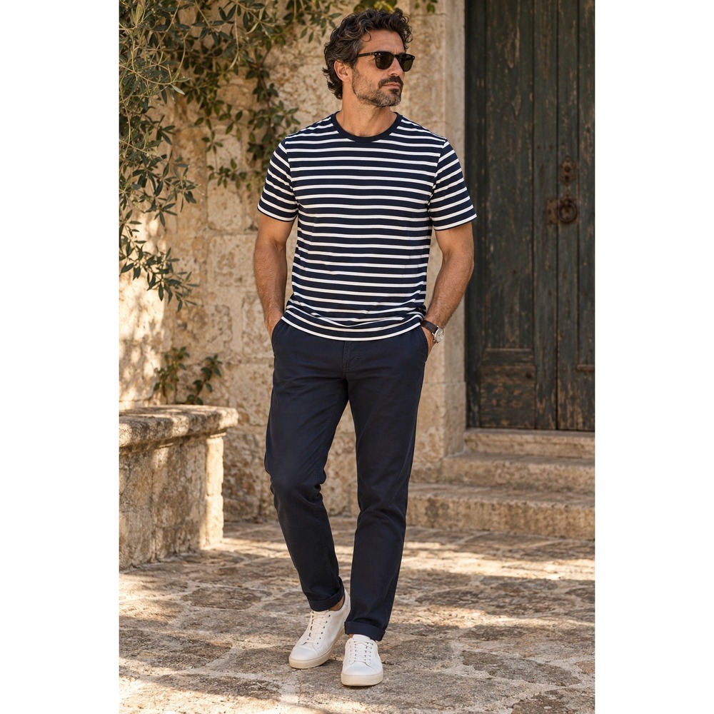BOSS Hugo Boss Navy White L Striped T Shirt Breton Coastal European Cotton